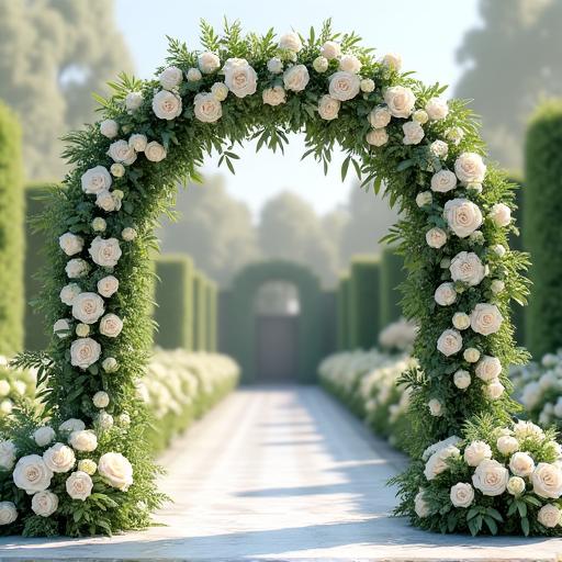 A beautifully decorated wedding arch with white roses and greenery.